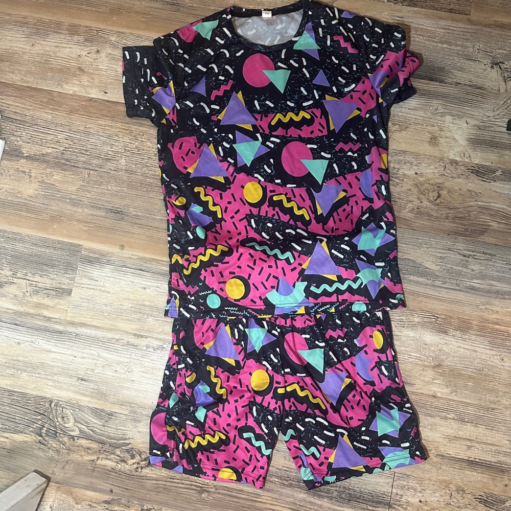 Retro 90s Memphis Pattern 2 Piece Set Mens Medium T-Shirt and Shorts Neon Mesh M